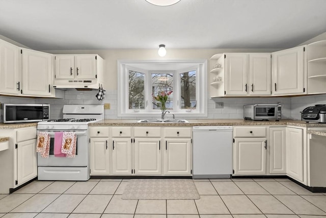 kitchen with open shelves, under cabinet range hood, a sink, backsplash, and white appliances