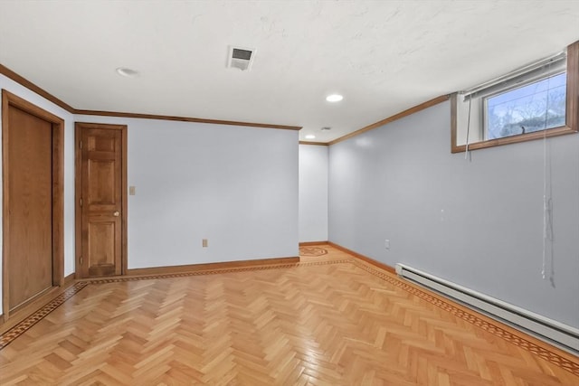 interior space featuring visible vents, baseboards, ornamental molding, baseboard heating, and recessed lighting