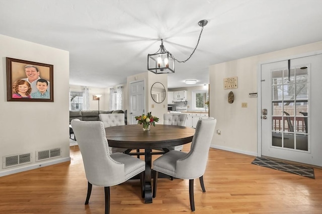 dining area featuring visible vents, baseboards, and light wood-style flooring