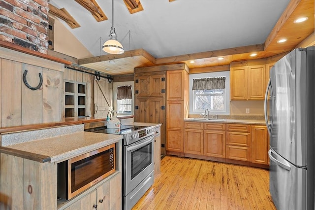 kitchen with a sink, a barn door, appliances with stainless steel finishes, light wood finished floors, and light countertops