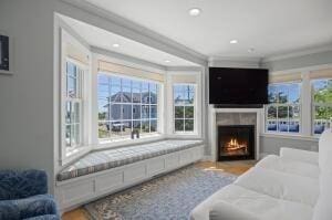 living room featuring hardwood / wood-style floors and ornamental molding