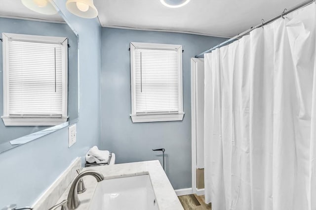 bathroom featuring vanity and hardwood / wood-style flooring