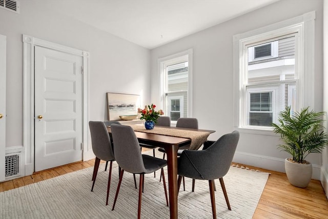 dining space with light wood-style floors, visible vents, and baseboards