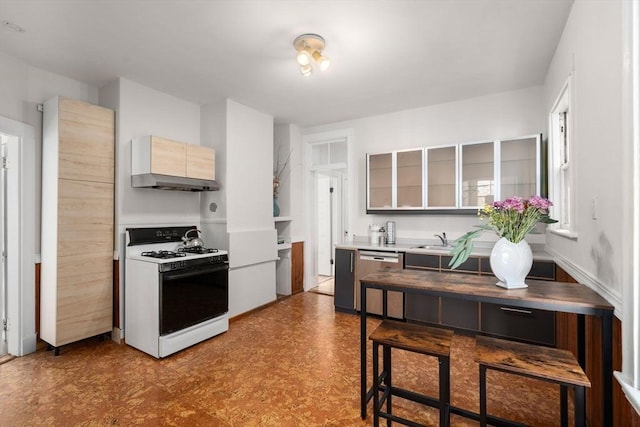 kitchen with a sink, light countertops, dishwasher, tile patterned floors, and white gas range