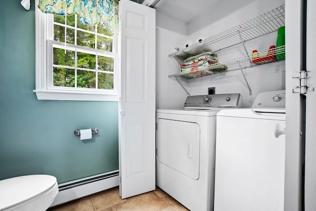 15 Hillside St, Rowley, MA 01969 - laundry room featuring baseboard heating, washer and clothes dryer, and light tile patterned floors
