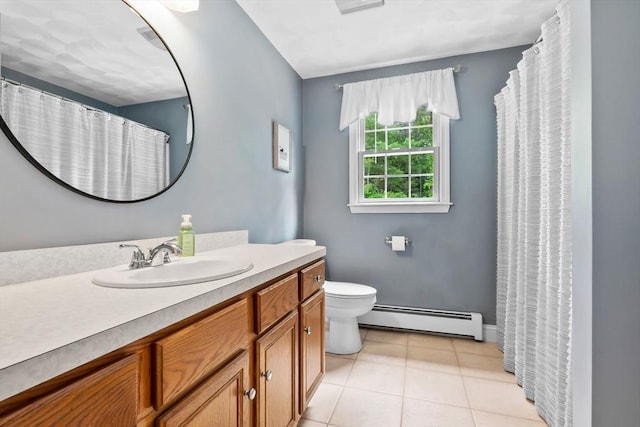 15 Hillside St, Rowley, MA 01969 - bathroom featuring baseboard heating, vanity, tile patterned flooring, and curtained shower