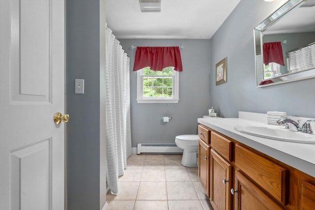 15 Hillside St, Rowley, MA 01969 - bathroom with baseboard heating, vanity, tile patterned floors, and a shower with curtain