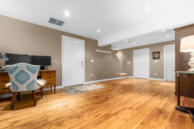 15 Hillside St, Rowley, MA 01969 - unfurnished room with light wood finished floors, stairway, recessed lighting, and an office area