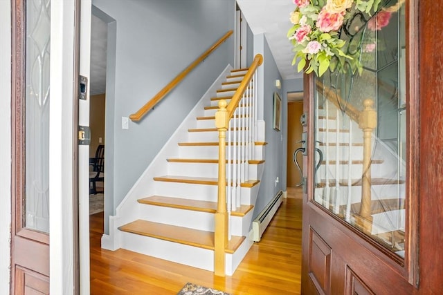 15 Hillside St, Rowley, MA 01969 - stairs featuring a baseboard heating unit and wood finished floors