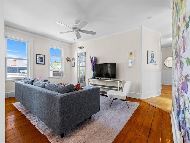 5 Tremont St Unit 3, Cambridge, MA 02139 - living room featuring hardwood / wood-style flooring, ornamental molding, ceiling fan, and baseboards