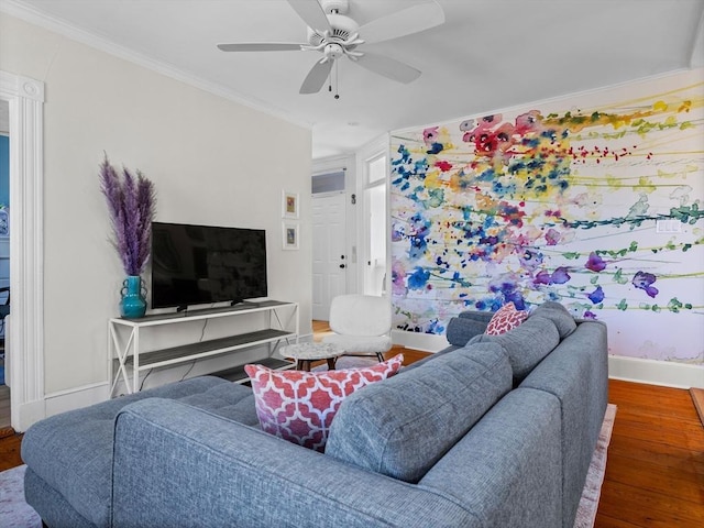 5 Tremont St Unit 3, Cambridge, MA 02139 - living area featuring wood finished floors, baseboards, a ceiling fan, and crown molding
