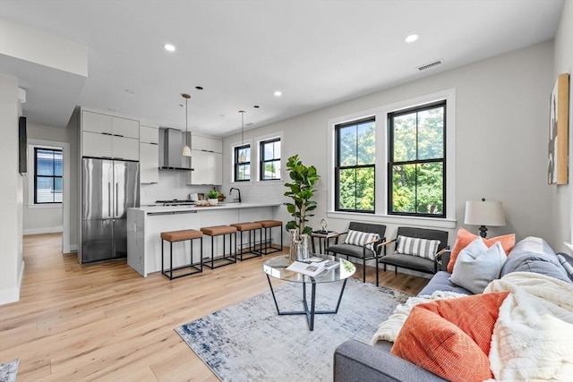 living room featuring sink and light hardwood / wood-style floors