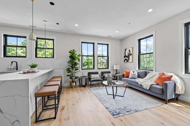 living room featuring sink and light wood-type flooring