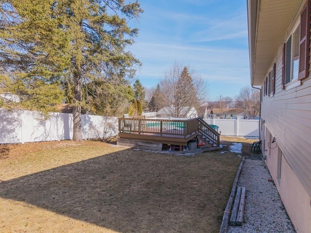 view of yard featuring a fenced backyard and a wooden deck