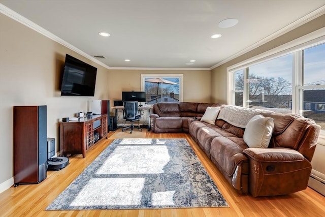 living room with crown molding, recessed lighting, wood finished floors, and baseboards