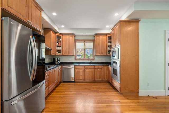 kitchen with dark countertops, brown cabinets, a sink, light wood finished floors, and appliances with stainless steel finishes