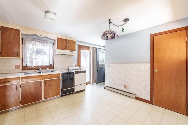 kitchen with a baseboard heating unit, dishwasher, light floors, and white range with electric cooktop