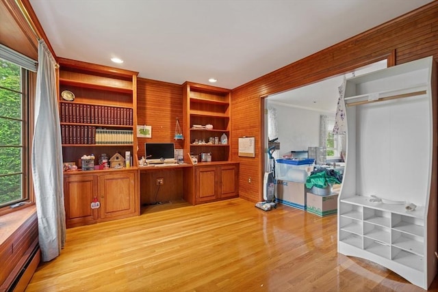 161 Old Farm Rd, Leominster, MA 01453 - office with built in desk, light wood finished floors, a baseboard heating unit, wooden walls, and recessed lighting