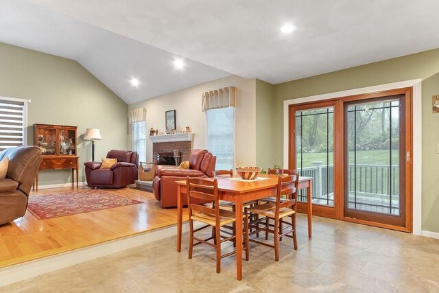 19 Miele Rd, Marlborough, MA 01752 - dining room with a brick fireplace, recessed lighting, lofted ceiling, and baseboards