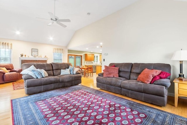 19 Miele Rd, Marlborough, MA 01752 - living area with light wood-style floors, a ceiling fan, high vaulted ceiling, and recessed lighting