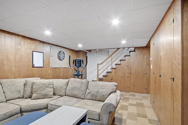 79 Cheever Cir, Andover, MA 01810 - living room with wooden walls, stairs, and recessed lighting