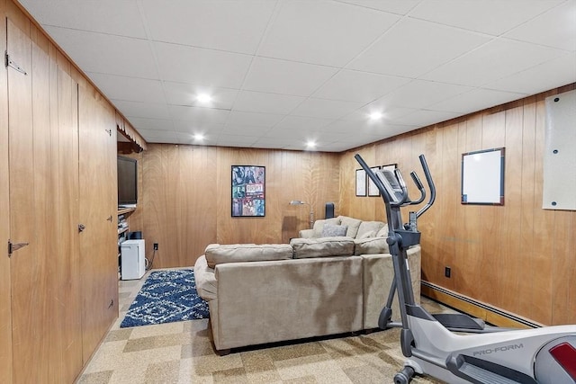 79 Cheever Cir, Andover, MA 01810 - workout area featuring wooden walls, recessed lighting, a drop ceiling, and baseboard heating