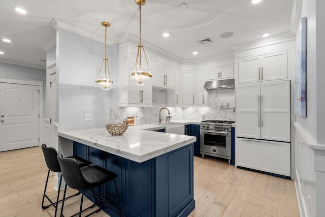 kitchen with ornamental molding, a peninsula, stainless steel stove, light wood-type flooring, and under cabinet range hood