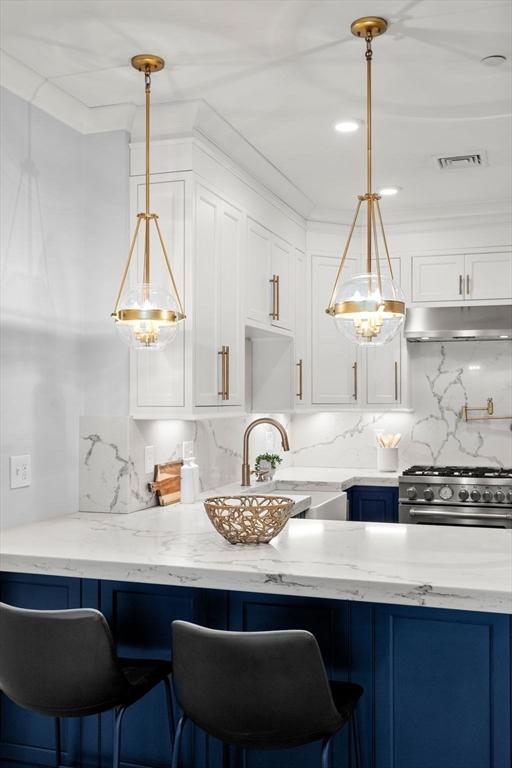 kitchen featuring light stone counters, under cabinet range hood, a sink, white cabinetry, and high end stainless steel range