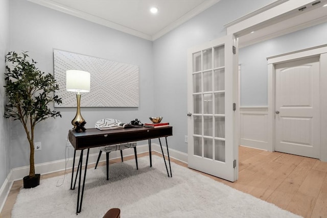 office featuring ornamental molding, recessed lighting, baseboards, and light wood finished floors