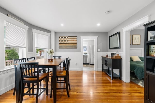 39-41 Ryan St, New Bedford, MA 02740 - dining space with a wainscoted wall, wood finished floors, and recessed lighting