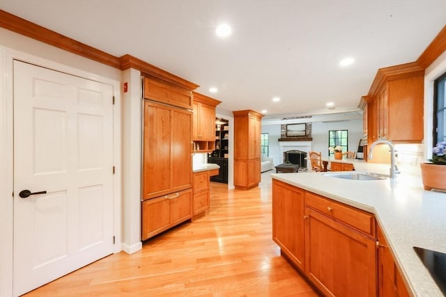 13 Bogastow Cir, Millis, MA 02054 - kitchen featuring a sink, recessed lighting, light wood-style flooring, light countertops, and a large fireplace