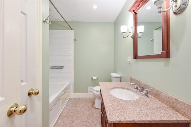 bathroom with shower / bathing tub combination, vanity, visible vents, toilet, and baseboards