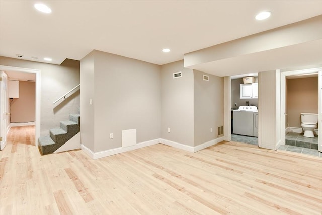 interior space with recessed lighting, light wood-type flooring, and stairs