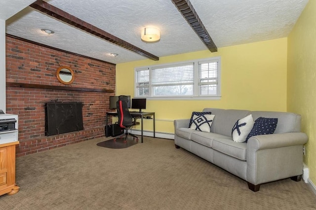 carpeted living room featuring a fireplace, a textured ceiling, and baseboard heating