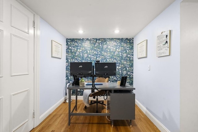 17 Gloucester St Unit A, Boston, MA 02115 - office area featuring wallpapered walls, wood finished floors, an accent wall, and recessed lighting