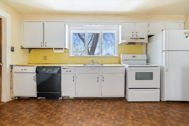 kitchen featuring under cabinet range hood, white appliances, a sink, white cabinetry, and light countertops