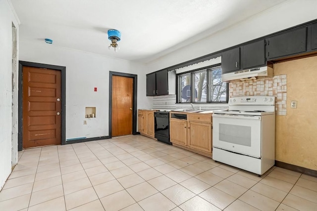 kitchen with dark cabinets, white range with electric stovetop, light countertops, and under cabinet range hood