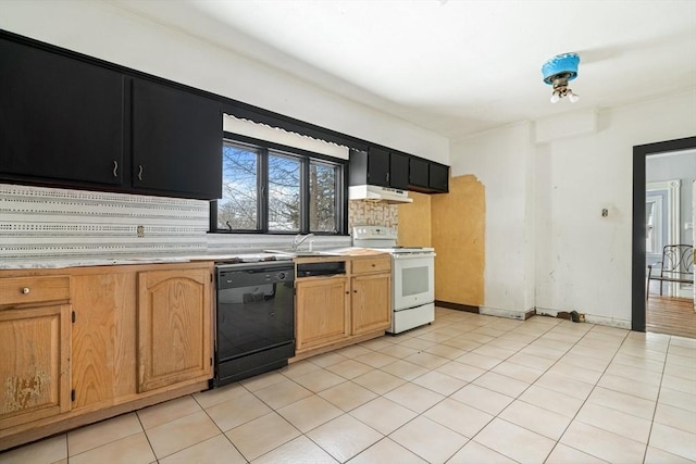 kitchen featuring under cabinet range hood, black dishwasher, light countertops, backsplash, and white electric range oven