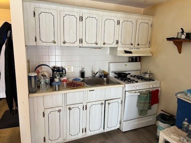 kitchen featuring tasteful backsplash, white range with gas cooktop, dark hardwood / wood-style flooring, and sink