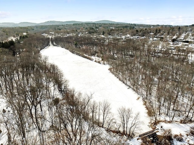 snowy aerial view featuring a mountain view