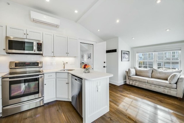 kitchen featuring kitchen peninsula, stainless steel appliances, vaulted ceiling, sink, and white cabinetry