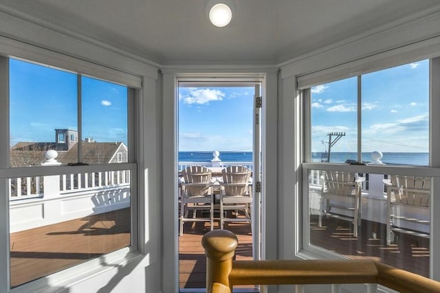 entryway featuring a water view