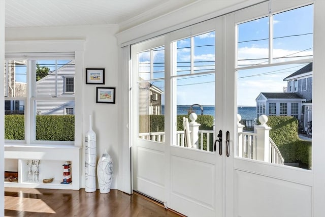 doorway with a wealth of natural light, dark hardwood / wood-style flooring, a water view, and ornamental molding