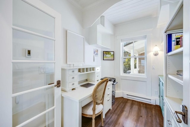 office space with dark hardwood / wood-style flooring and a baseboard heating unit