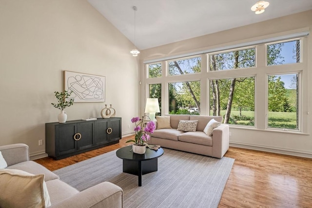 living area featuring high vaulted ceiling, baseboards, and wood finished floors