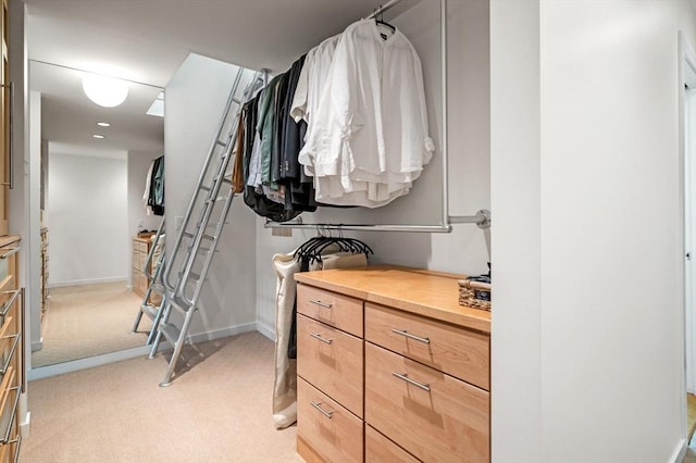 spacious closet featuring light colored carpet