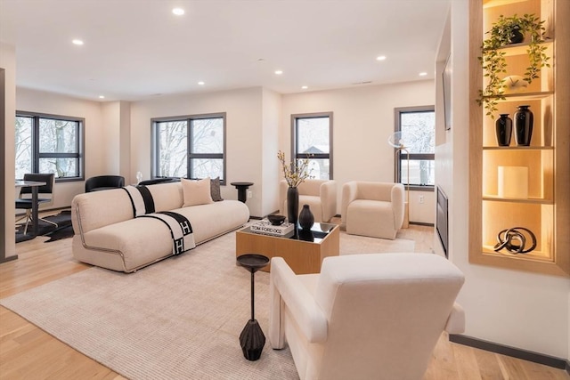 living room with light hardwood / wood-style floors and a wealth of natural light