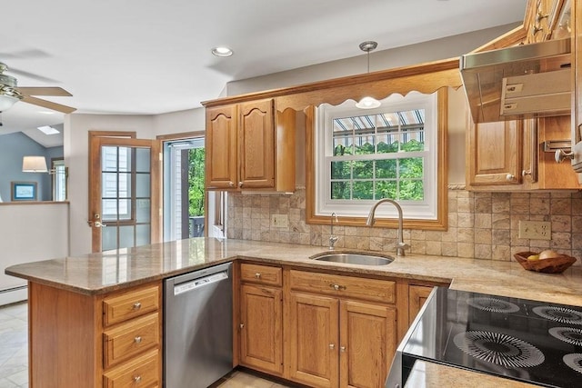 kitchen featuring stainless steel dishwasher, a sink, a ceiling fan, a peninsula, and electric stove