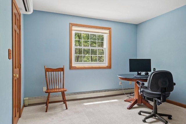 office area featuring a wall mounted air conditioner, carpet flooring, a baseboard radiator, and baseboards