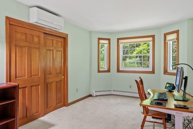 office featuring a wall unit AC, light carpet, baseboard heating, and baseboards